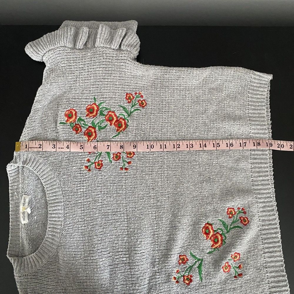 Woven Heart Sweater Small Cottagecore Floral Embroidered Ruffle Sleeve Knit - Picture 8 of 9